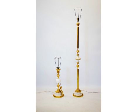 A 1950s gilt brass and white onyx standard lamp, 162cm high, with a similar matching table lamp, 74cm high (including fitting