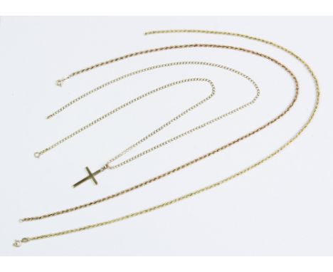 A 9ct gold cross pendant, 2.7cm x 1.8cm, suspended on a 9ct gold flat curb link chain, spring ring fastening, 61cm long, toge