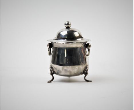 A Victorian silver tobacco jar, Walker &amp; Hall, Birmingham 1899, of cauldron form, with swing handles, removable cover wit