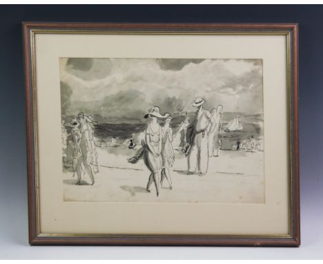 British school (20th century),  Pencil, pen and ink on paper,  A beach scene sketch with bathers in 1920s style dress, Unsign