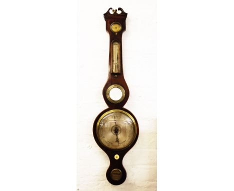 A George III mahogany banjo wall barometer, with a twin swan neck pediment above a silvered dial and a thermometer on a silve