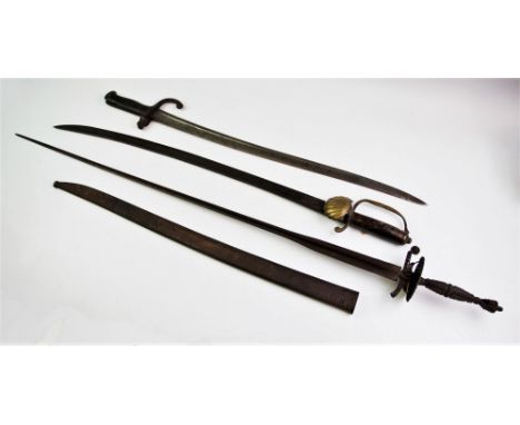 A clamshell guard hanger sword, 18th century, with single edge curved blade, cylindrical wooden grip and domed pommel with hi