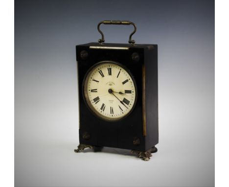 An early 20th century French ebonised mantel clock, with a 12cm glazed white dial, external hands, the dial stamped with a st