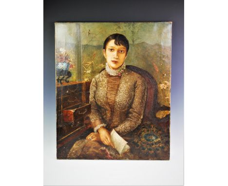 Portrait (Continental School),Oil on canvas, Half length portrait of a seated lady at a bureau, Unsigned, 76.5cm x 63.5cm, Un