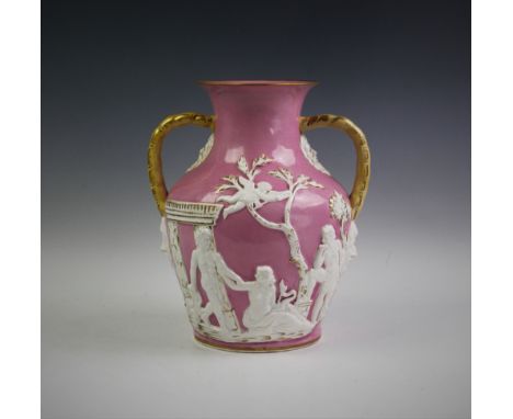 A 19th century copy of the Portland Vase, typically decorated relief depicting scenes of Peleus and Thetis, white relief with