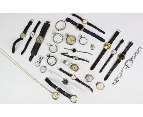 An assortment of lady's and gent's pocket watches and vintage and costume wristwatches, including four silver open face pocke