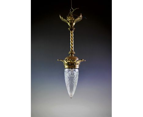 An early 20th century French gilt brass pendent light fitting, with an acanthus leaf shaped mount extending to a rope twist s