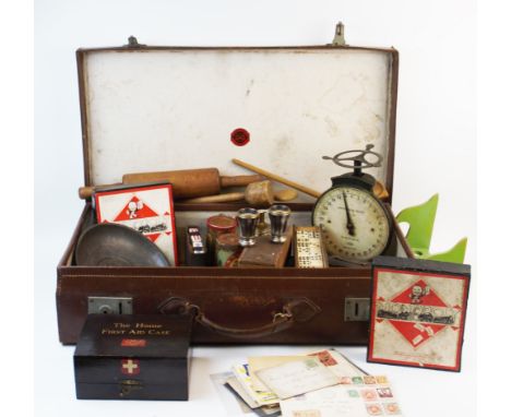 A selection of vintage pieces, to include a leather suitcase, maker's label for 'British Make', monogrammed 'M.C.D.', 66cm wi