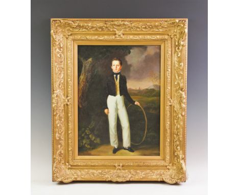 Oil on panel, Full length portrait of a young boy with hoop, Unsigned, 39.5cm x 29.5cm, Gilt framed For condition information