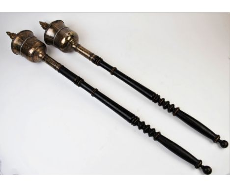 A pair of 19th century ceremonial maces, each with a gilt leafy fruit finial above a silver plated cylindrical head, upon a r