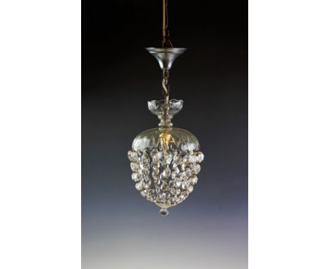 A French glass droplet bag light fitting, the upper inverted bowl above lines of tapering glass droplets, 48cm high Lighting 