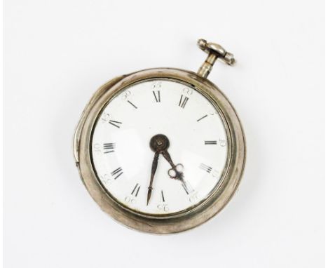 A George III silver pair case pocket watch, the white enamel dial with Roman and Arabic numerals, plain polished silver case,