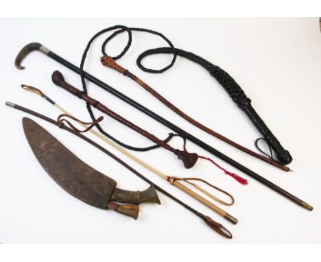 A Nepalese kukri knife with wooden sheath, a horn handle walking stick, a bull whip and four various riding crops (7) For con