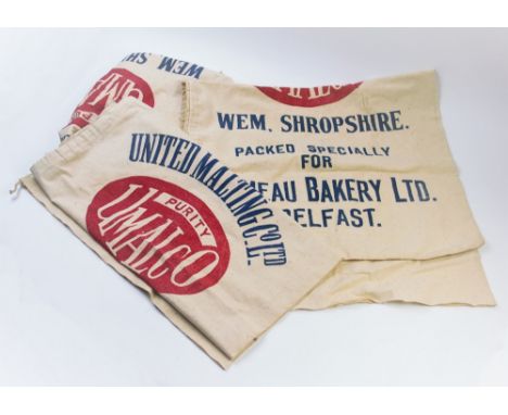 Three vintage 'Purity Umalco' malt sacks, printed with 'The United Malting Co Ltd, Wem, Shropshire, packed specially for Orme