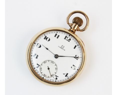 An Omega 9ct gold open face pocket watch, the round white dial with black Arabic numerals and subsidiary dial to six 'o' cloc