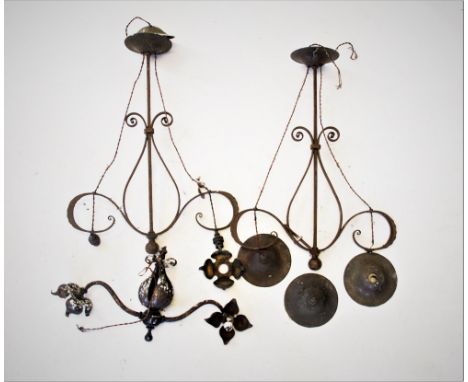 A pair of Arts & Crafts wrought iron twin drop light fittings, of sinuous form, 66cm high, with a twin branch wall fitting (3