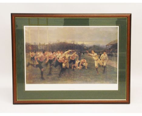 Three sporting prints on paper,  After William Barnes Wollen,  'The Rugby Match',  57cm x 83cm,  After Charles Lees,  'The Go