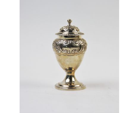 A George IV sugar caster, Thomas Johnson I, London 1824, of baluster form, embossed with scrolling floral design, a vacant ca