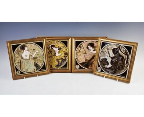 A set of four Maw &amp; Co Ltd tubeline and majolica hand decorated tiles, each depicting a female personification of one of 