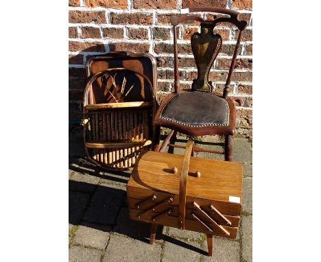 Victorian Art Nouveau child's chair, a sewing box on legs, bamboo shelf &amp; a tray