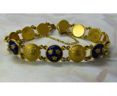 Swedish Sporrong enamelled bracelet designed as twelve circular panels each decorated with the three crowns, alternating in b
