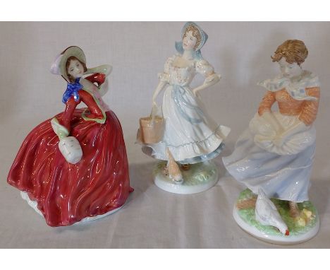 2 Royal Worcester Old Country Ways figures Milkmaid and Farmers Wife and Royal Doulton Autumn Breezes HN1934