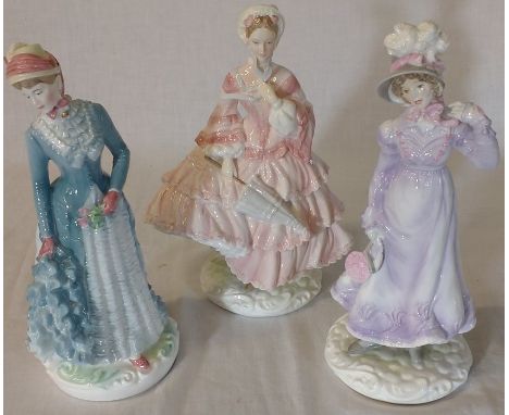 3 Royal Worcester Walking Out Dresses figurines 1855 Crinoline, 1818 Regency and 1878 Bustle