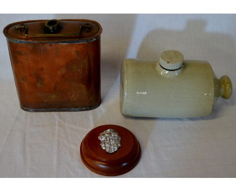 Copper flask, stoneware hot water bottle &amp; a mounted small head mascot