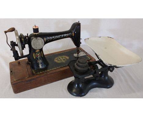 Kitchen scales with enamel pan and weights and Singer sewing machine