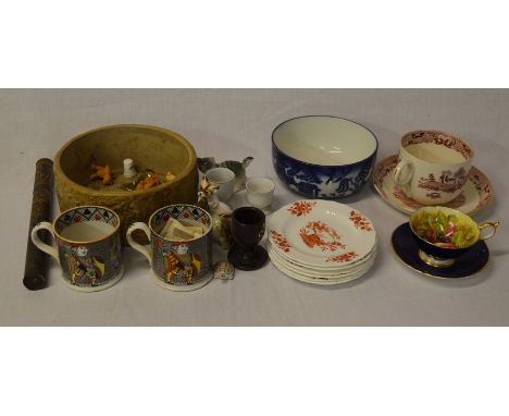 Pair of 19th century pearlware mugs with playing card design, Aynsley cup &amp; saucer etc
