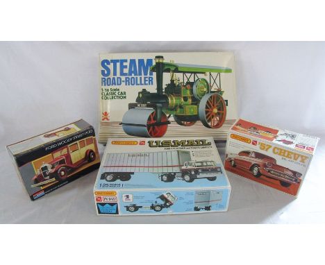 4 vintage car kits - Bandai steam roller 1/16 scale classic car selection, - Matchbox US Mail Ford C900 truck and trailer, Ma