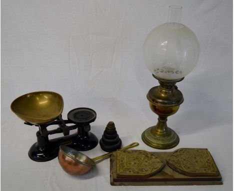 Set of Frederick Hill &amp; Co. balance scales, brass paraffin lamp, adjustable Victorian bookshelf, copper &amp; brass ladle