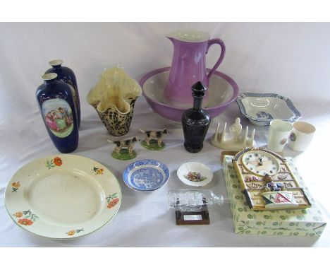 Various ceramics and glassware inc Wade championship series, toilet set, clock &amp; Venetian purple lustre decanter