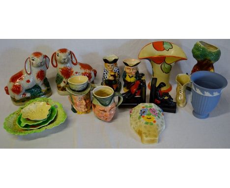 Various ceramics including pair of Staffordshire style rabbits, character jugs, Carltonware dishes, Wedgwood vase etc&nbsp;
