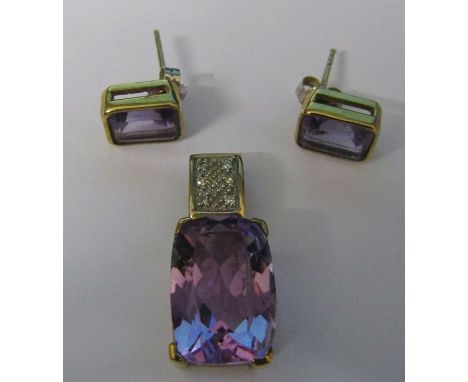 9ct gold amethyst and diamond chip pendant (amethyst size 14 mm x 10 mm) and pair of 9ct gold amethyst earrings total weight 