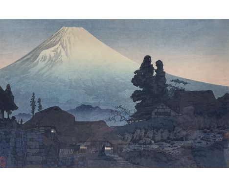 Takahashi Shotei (Japanese 1871-1944): Fuji from Mizukubo - Evening, colour woodblock print signed with artist stamp 23cm x 3