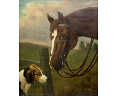Attrib. Colin Graeme Roe (Scottish 1855-1910): 'Members of the Hunt' Portrait of Chestnut Horse with Hound in Field, oil on c