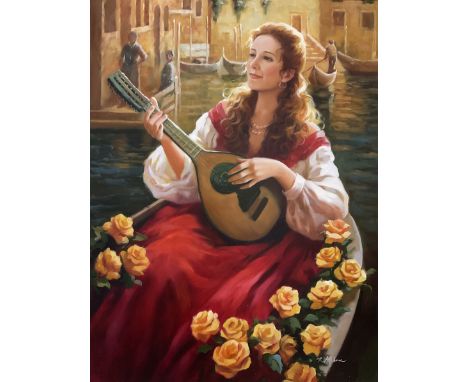 R Athbone (Italian Contemporary): Girl Playing Mandolin in a Gondola in Venice, oil on canvas signed 101cm x 76cm