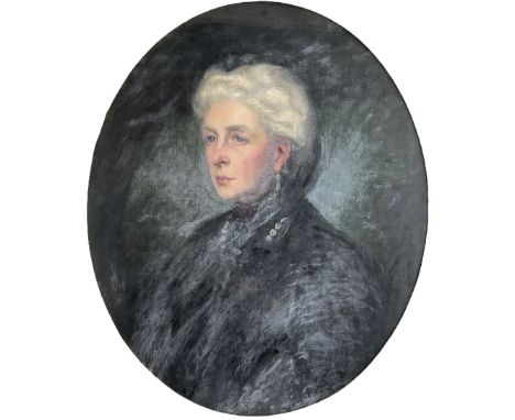 English School (Early 20th century): Portrait of Agnes 2nd Viscountess Halifax Bust Length in Feigned Oval Wearing Black Gown