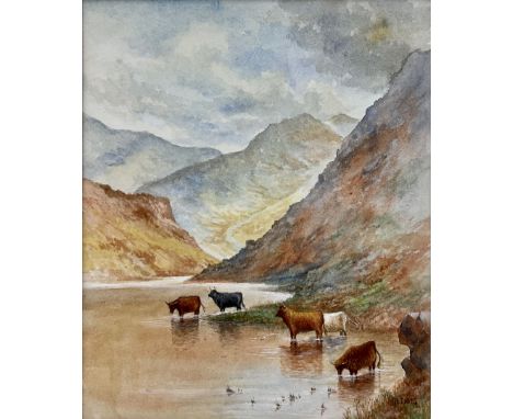 Harry Davis (British 1885-1970): Highland Cattle Watering, watercolour signed 18cm x 15cm Notes: Harry followed in the footst