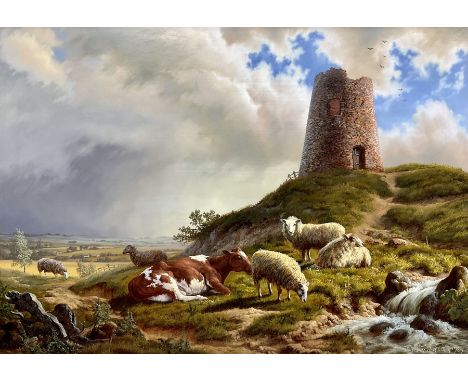 Daniel Van der Putten (Dutch 1949-): Cow and Sheep at 'the Old Windmill - Daventry', oil on panel signed and dated 1985, titl
