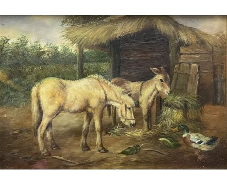 Follower of Edgar Hunt (British 1876-1953): Donkey and Horse in Farmyard, oil on panel indistinctly signed 13cm x 18cm