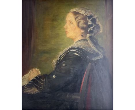 Sir William Blake Richmond RA (British 1842-1921): Portrait of 'Mary Viscountess Halifax' Seated Half Length Wearing Lace Tri