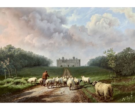 Daniel Van der Putten (Dutch 1949-): 'Taking the Sheep back to the Farm - Castle Ashby Northamptonshire', oil on panel signed