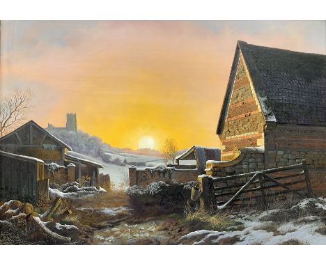 Daniel Van der Putten (Dutch 1949-): 'Winter Sunset - Church Stowe Northamptonshire', oil on panel signed, labelled verso 25c