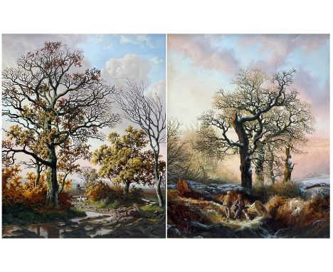 Daniel Van der Putten (Dutch 1949-): 'Bridleway to Caldecote' and 'Woodcutter Resting at Everdon Wood', pair oils on panel si