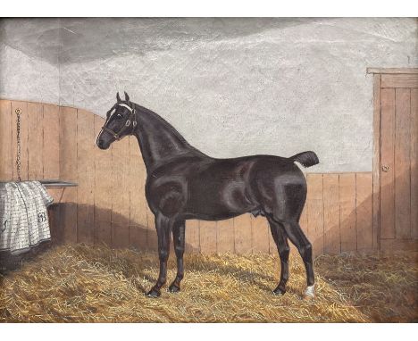 Albert Clark Snr (British 1821-1909): Portrait of a Bay Horse in Stable with J R initialled on rug, oil on canvas unsigned, h