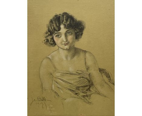 French School (Early 20th century): Portrait of a Young Woman, charcoal and pastel indistinctly signed and dated 1919, 44cm x