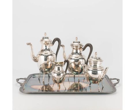 A silver-plated coffee and tea service, on a serving tray. With ebony handles. In the style of a Malmaison, Christofle Set. (