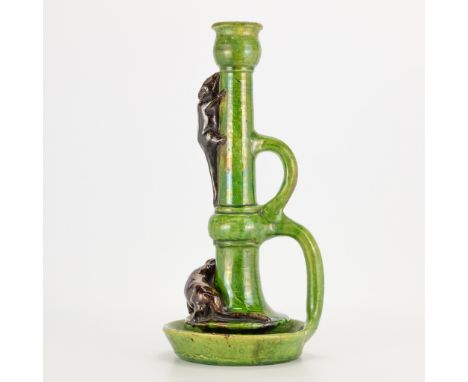 A candlestick made of Flemish earthenware, with 2 mice figurines. Probably made in Bruges, Belgium. (38 x 18 cm)